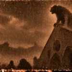 Illustration de la légende de la Bête d'Angles, l'ours de pierre du pignon de l'église (Vendée)