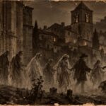 La procession des morts sort de l'église Saint-Géraud d'Aurillac, menée par la Mort vers le cimetière, sous la lune