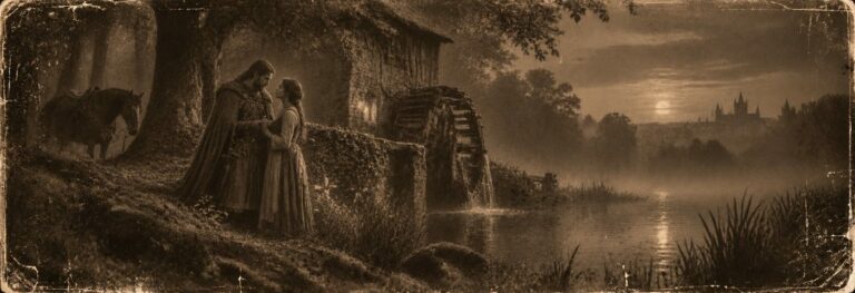 Le seigneur Archambaud et la meunière près du moulin, au bord de l'Allier, sous la lune