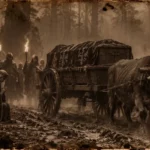 Illustration de la légende de saint Arnoult : l'attelage qui porte son corps s'arrête net dans la forêt d'Yveline, devant une femme en prière