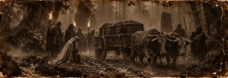Illustration de la légende de saint Arnoult : l'attelage qui porte son corps s'arrête net dans la forêt d'Yveline, devant une femme en prière